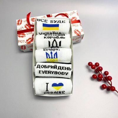 Набір чоловічих патріотичних шкарпеток 40-45 на 5 пар у подарунковій коробці із стрічкою 41-PodЧ5укрлов4 фото