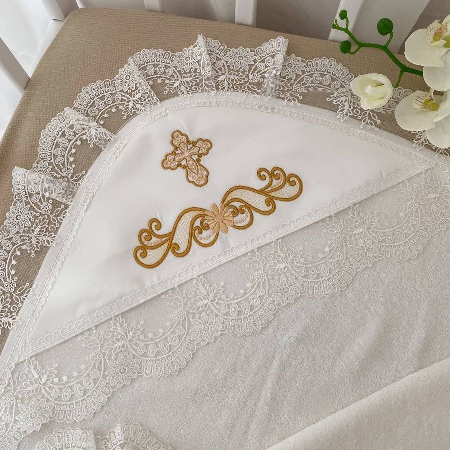 Крижма BetiS "Світлинка М" подвійна з вишивкою Молочний/золото Махра 27687672 100*100 см 33-Bet23728 фото