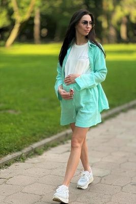 МУСЛІНОВИЙ КОСТЮМ ДЛЯ ВАГІТНИХ 2309(8) 1033 салатовий 43455158109866 фото